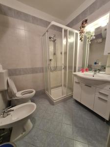 Un baño con ducha, inodoro y lavabo. en ALLE ROSE - Appartamenti, en Bibione