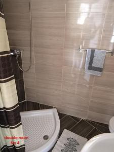 a bathroom with a shower and a toilet and a sink at Wooden house in Keramoti