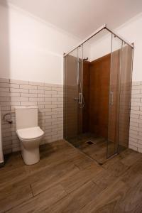 a bathroom with a toilet and a glass shower at CHR Vista in Nicoreşti