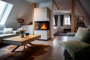 迪波尔迪斯瓦尔德Landhaus Gebirgsglück的带壁炉和桌子的客厅