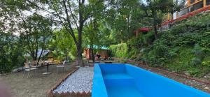 a blue pool in the backyard of a house at Acoustic Himalayas Jibhi in Jibhi