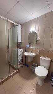 Un baño con inodoro, lavabo y ducha. en Apartment Siana 3, en Sveti Vlas