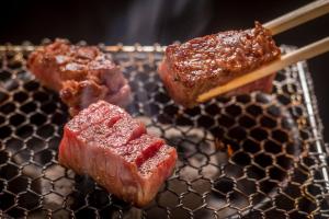 three different types of meat on a grill at Ryoutei Ryokan Yasui in Hikone +70 photos