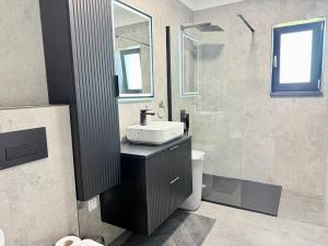 a bathroom with a sink and a shower at Euphoria Apartment VRT in Sibiu +8 photos