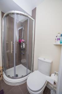 レスターにある3 Bedroom Ensuite Apartment Deacon house Leicester Min 2 weeksのバスルーム(シャワー、白いトイレ付)