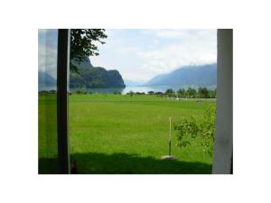 ein Fenster mit Blick auf ein Grasfeld in der Unterkunft Ferienwohnung Gafner in Brienz
