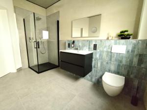 a bathroom with a toilet and a sink and a shower at Tiny Loft Hunsrück in Sohren +19 photos