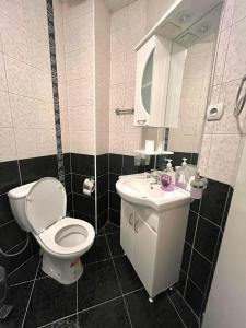 a bathroom with a toilet and a sink and a mirror at A&M Apartments in Ohrid +21 photos