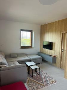 un salon avec un canapé et une télévision dans l'établissement Tatragolf Mountain Resort Apartment, à Veľká Lomnica