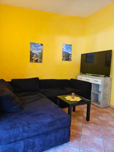 a living room with a blue couch and a tv at Ferienwohnungen am Moselbeach in Mehring