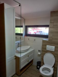 a bathroom with a toilet and a sink at Rezevici Sea View in Krstac +11 photos