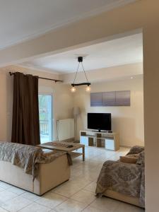 a living room with a couch and a tv at Villa Vasiliki in Metamorfosi