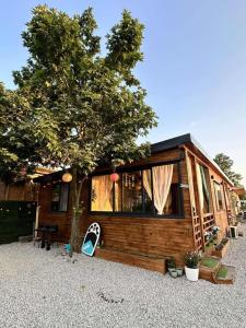 a small cabin with a tree and a house at Еко Къщи Къмпинг Созопол Еко in Sozopol