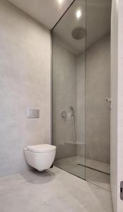 une salle de bain avec toilettes et douche en verre dans l'établissement Mezenin Solis, à Koper