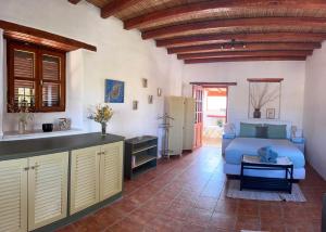 una cucina e un soggiorno con un letto in una camera di Villa Kostopoulos Studio Zeus a Kampos Paros