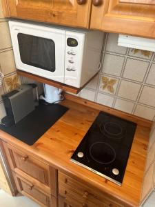 Un microondas colocado encima de una encimera de cocina. en Cozy studio Auron 4 personnes, en Auron