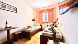 a small room with two beds and a window at Penzion a Vinoteka Hrozen in Kroměříž