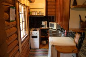a small kitchen with a stove and a microwave at Kankijärven mökki in Pohtio