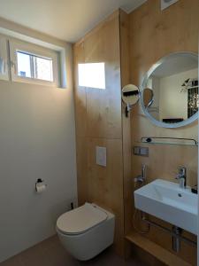 Un baño con inodoro, lavabo y espejo. en Aia kodu, en Haapsalu
