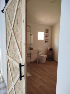 a bathroom with a sliding barn door with a toilet at Cosy Loft Santana in Santana