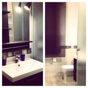 two pictures of a bathroom with a sink and a toilet at Casa Santiago in Gela +14 photos