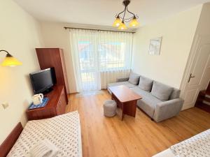 a living room with a couch and a tv at Albatros PRZY PLAŻY in Władysławowo +32 photos