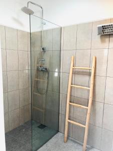 eine Glasdusche mit einer Leiter in einem Badezimmer in der Unterkunft Villa das Oliveiras in Grândola