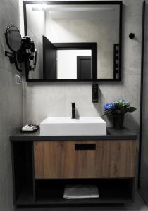 a bathroom with a white sink and a mirror at HRADBY hotel a restaurace in Uničov +22 photos