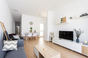 波里斯-德阿沃纳Casa Iraría的客厅里有一张蓝色沙发和一台电视