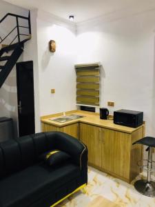 イバダンにあるAM Apartmentsのソファとキッチンのあるリビングルーム