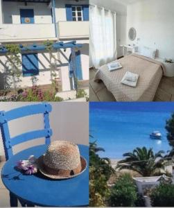 アギオス・イオアニスにあるAnna'sHouseの帽子をかぶった青い椅子の写真のコラージュ