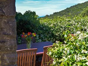 a table with a vase of flowers sitting on it at Holiday Home Le Mandrie by Interhome in Punta Ala