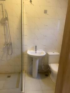 a bathroom with a toilet and a sink and a shower at ADES Home in Lekki +17 photos
