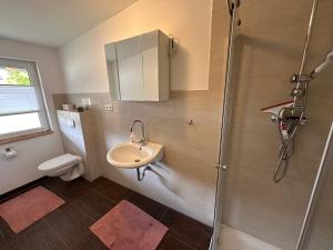a bathroom with a sink and a toilet and a shower at Eickhof Ferienzimmer No2 mit Bad, Parkplatz - Ferienhof Günter in Warnow