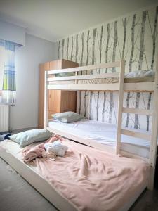 a bedroom with two bunk beds with pink sheets at Villa de Mamoune in Martelange