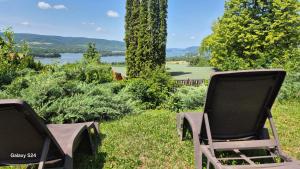 two chairs sitting in the grass near a lake at Elefántos Kis Mókus Házikó in Zebegény