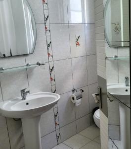 Un baño con lavabo, espejo e inodoro. en Rix Palm Apartments, en Kyrenia