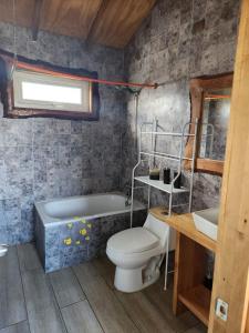 a bathroom with a toilet and a tub and a sink at Turismo Raíces in Coihaique