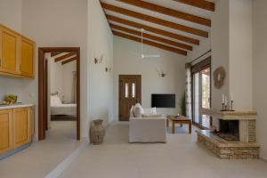 a living room with a couch and a fireplace at Apolis Villas & Suites Resort in Parga
