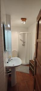 a bathroom with a white sink and a shower at Lunamar in San José