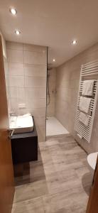 a bathroom with a shower and a sink and a toilet at Gasthof Thomann in Velden am Wörthersee +37 photos