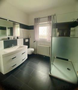 a bathroom with a sink and a toilet at Ferienhaus Schmidt am Rhein in Neuwied +29 photos