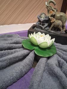 a plate of a flower on a blanket with a statue of a goat at itten plaza blue in Salalah