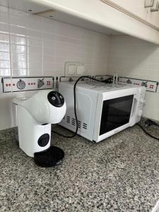 a microwave sitting on a kitchen counter next to a sink at Alojamiento Morriña in O Pedrouzo