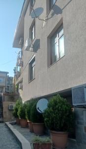 a building with potted plants in front of it at Апартамент РАЯ in Sozopol