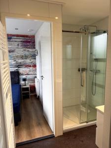 a bathroom with a shower with a glass door at Marina Strandbad Chalet IJssel Oase mit Zaun Haus Nr 77 in Olburgen