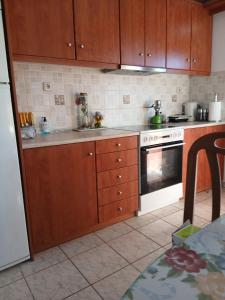 a kitchen with wooden cabinets and a stove top oven at ELENA SEAVIEW house in Argostoli