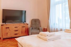 a living room with two beds and a flat screen tv at Aparmány Rozálie in Česká Lípa
