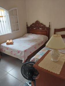 a bedroom with a bed and a table with a lamp at Cantinho da Paz in Miguel Pereira +9 photos