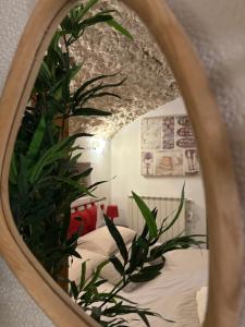 a mirror reflecting a bedroom with a bed and plants at Il Caratteristico -centro storico- "Anno 1887" in Capistrello